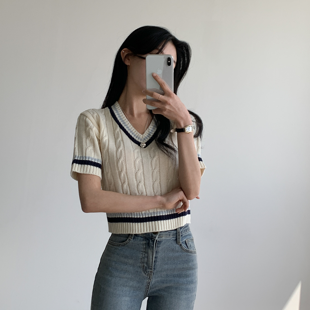 ウェーブツイストVネックバイカラー半袖ニット | ファッション通販
