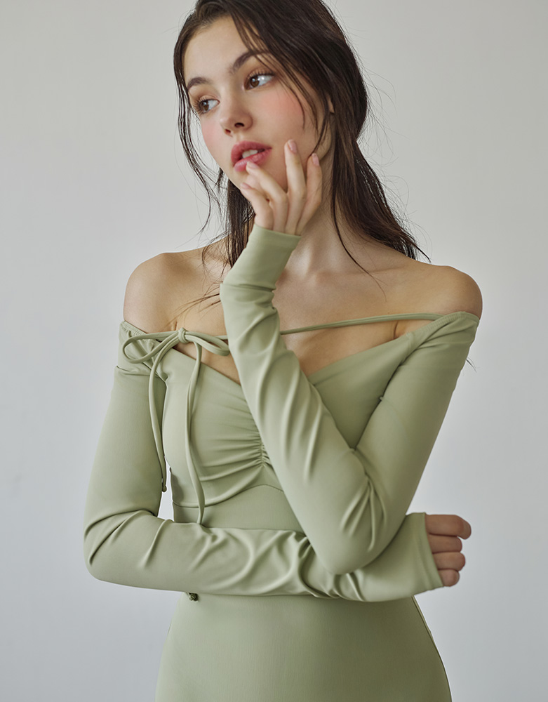 Eruna Long Sleeve Ribbon Monokini - OLIVE GREEN
