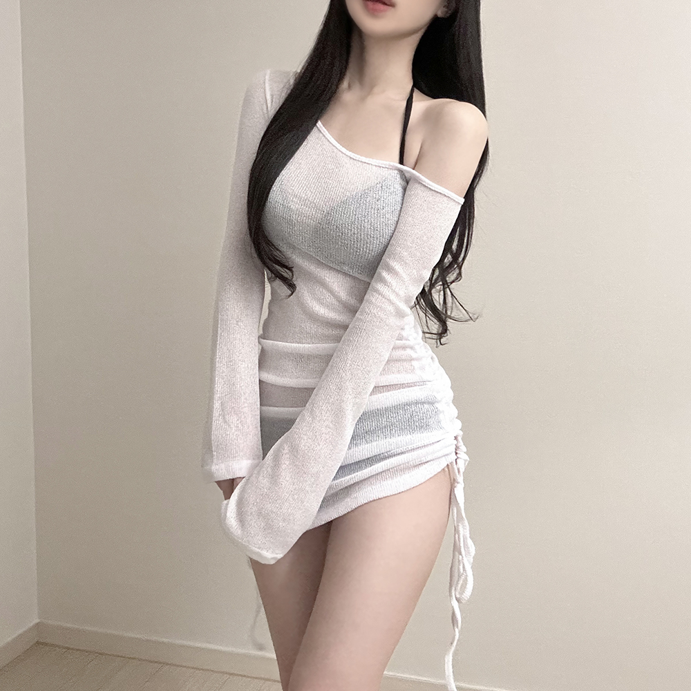 スリムフィット 斜めオフショルダー ギャザー シースルーニットワンピース