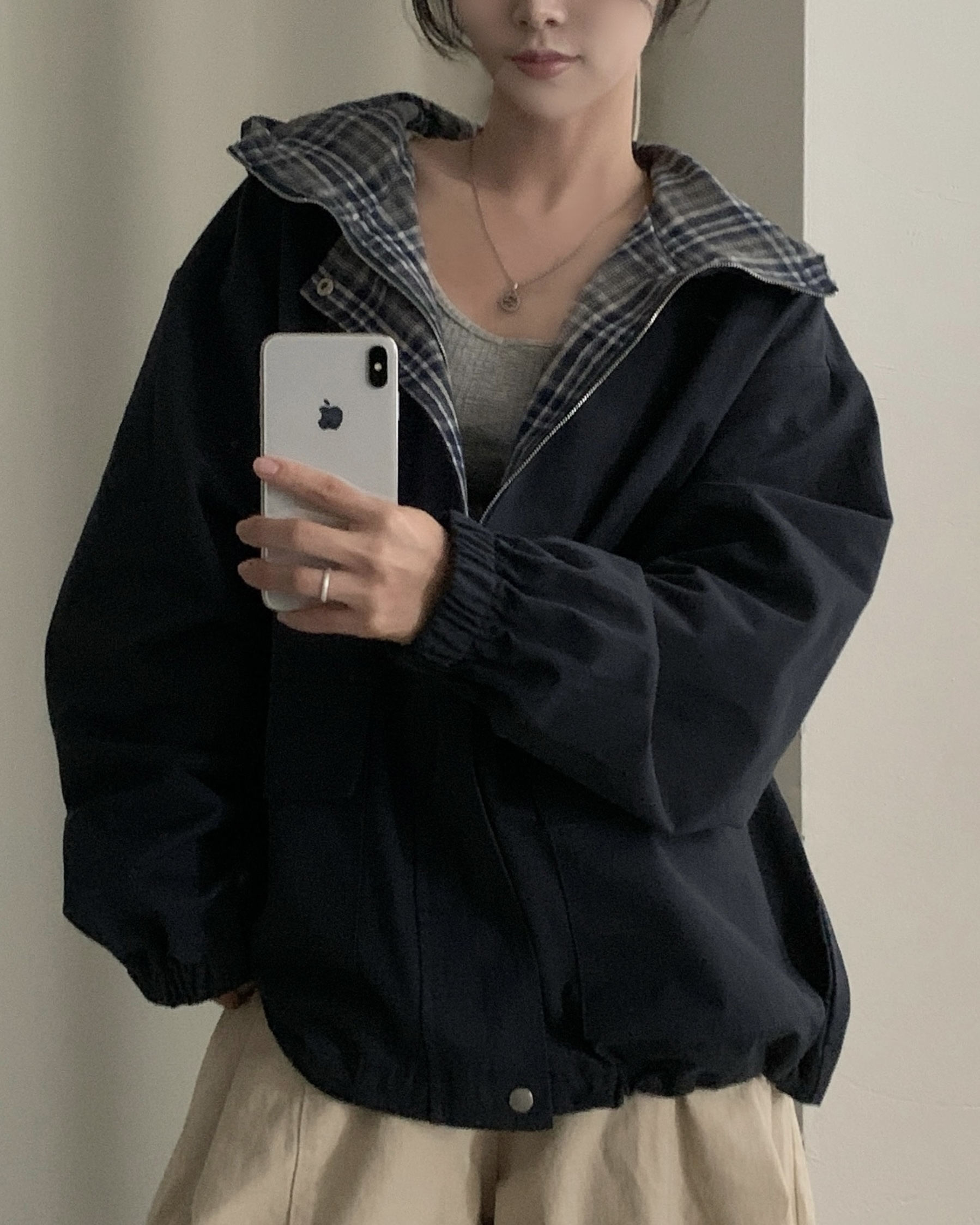 (3color)チェックストリングフード付きジャケット