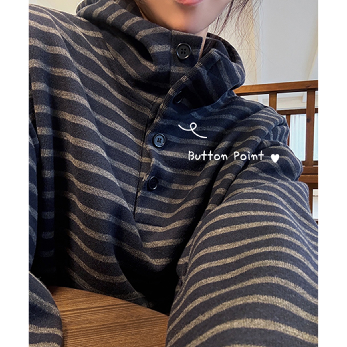 (3 color) ハイネック ボーダー柄 スウェット