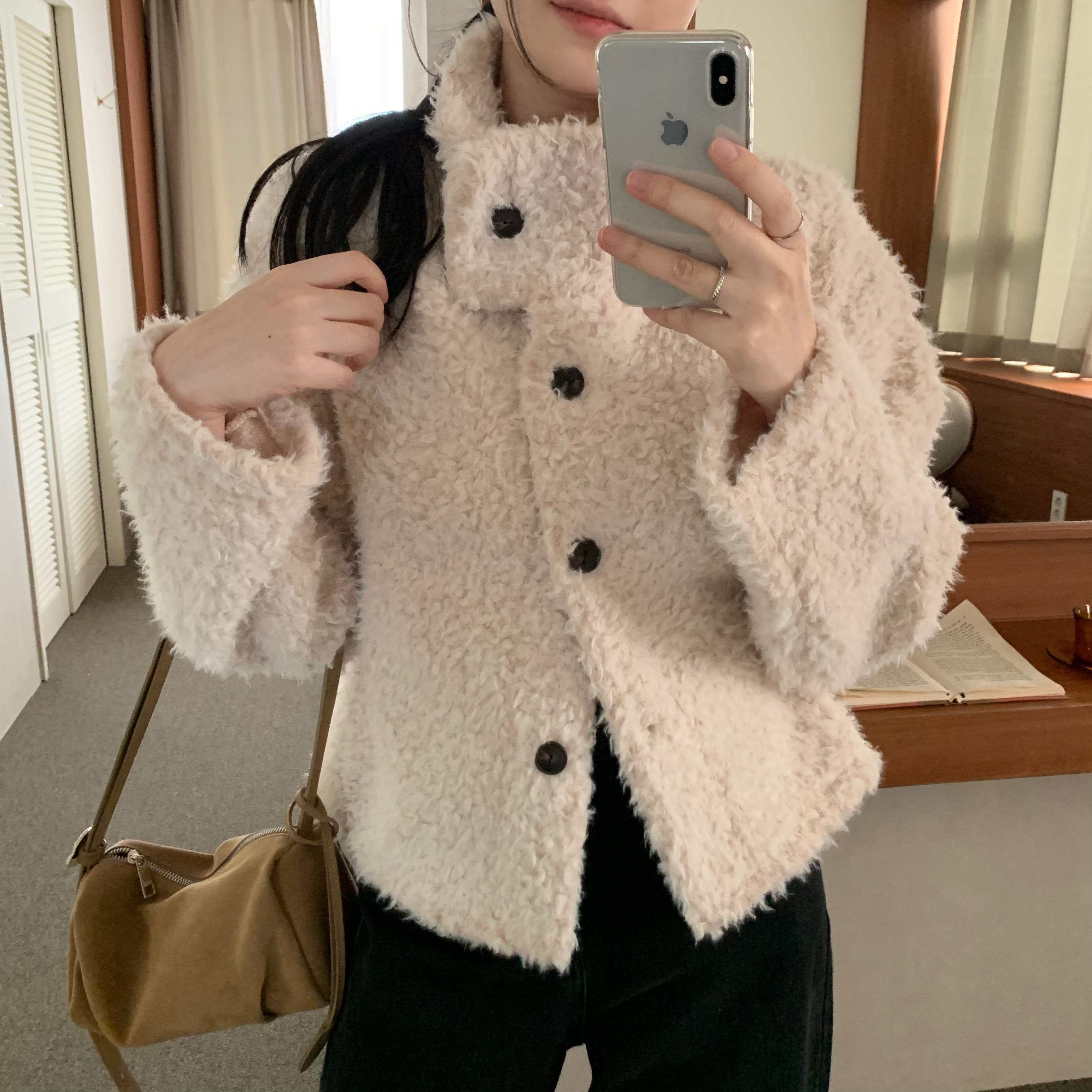 ボア ハイネック ミドル丈 ジャケット