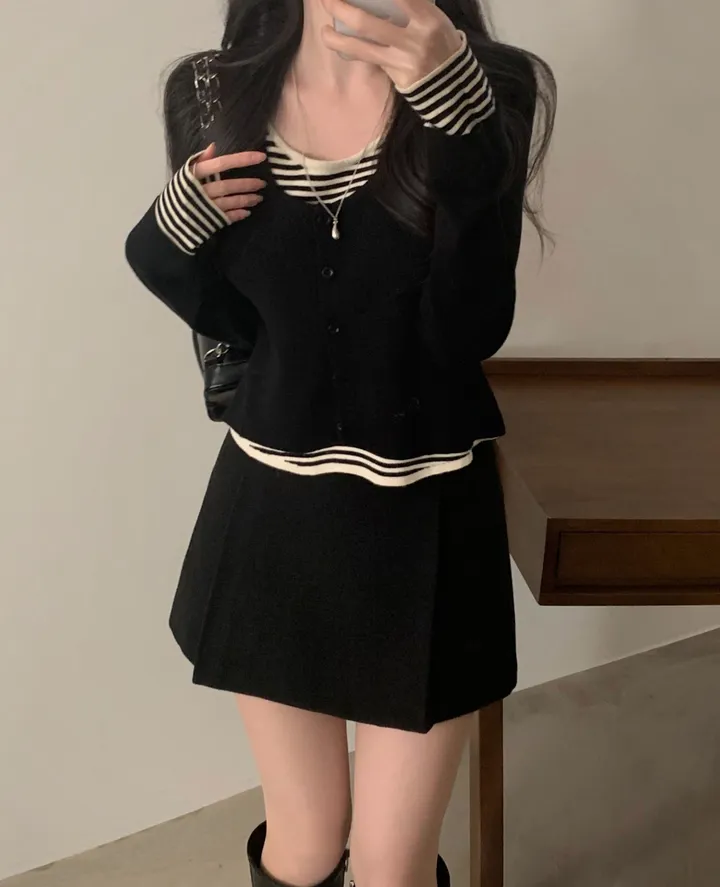 (3color)ボーダーレイヤードニットカーディガン