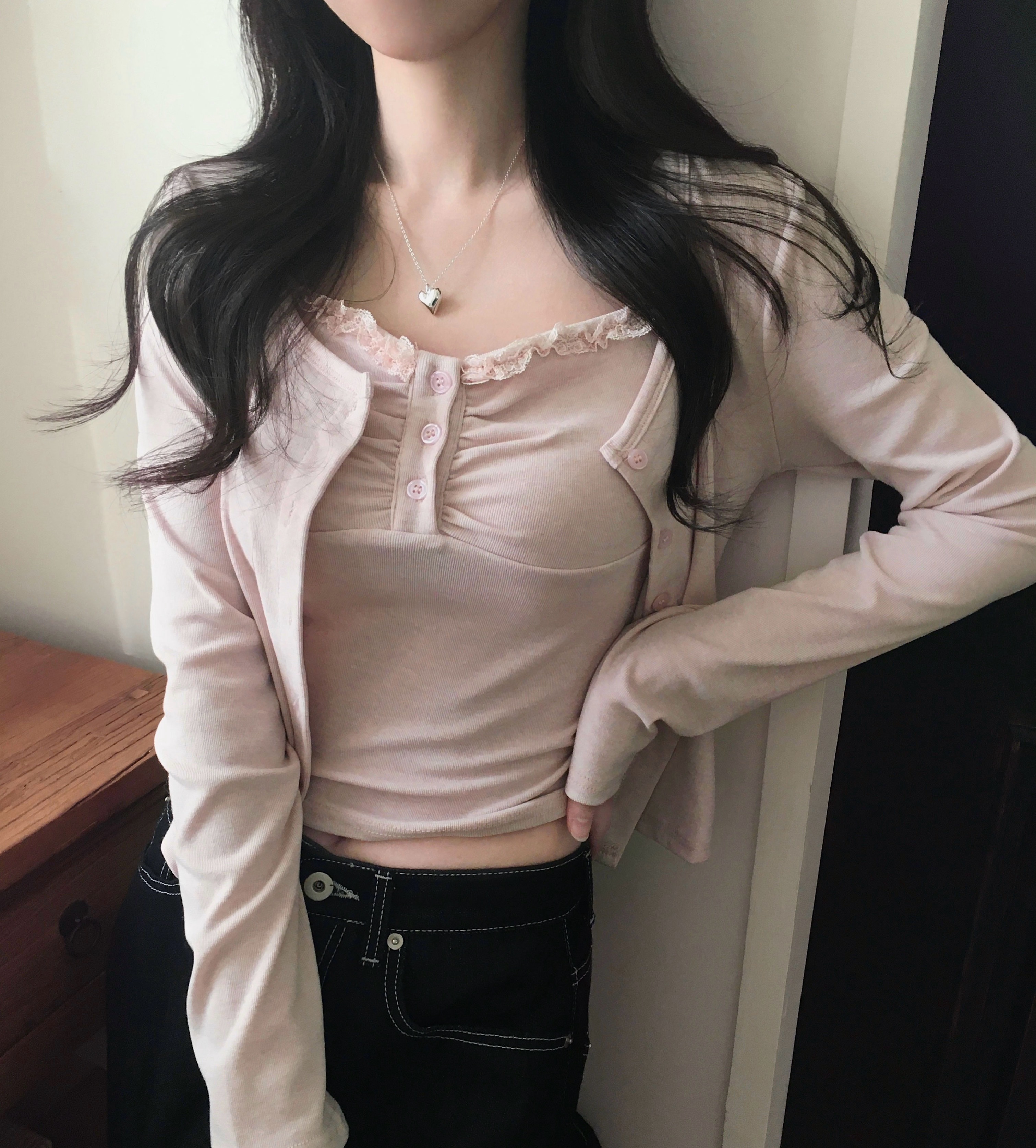 [SET](4color)フリルレースビスチェカーディガンセット