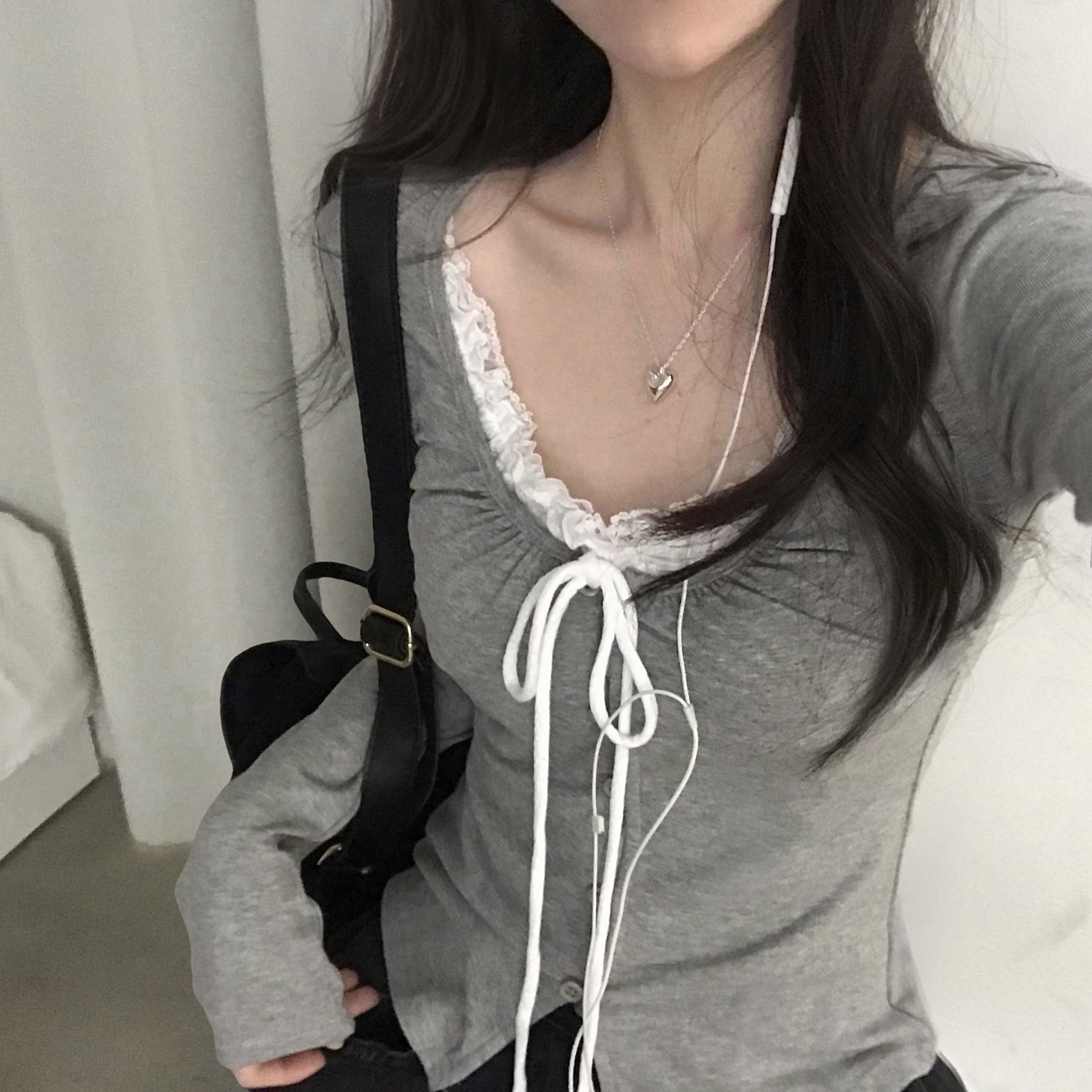 (4color) リボン レース レイヤード 長袖 Tシャツ