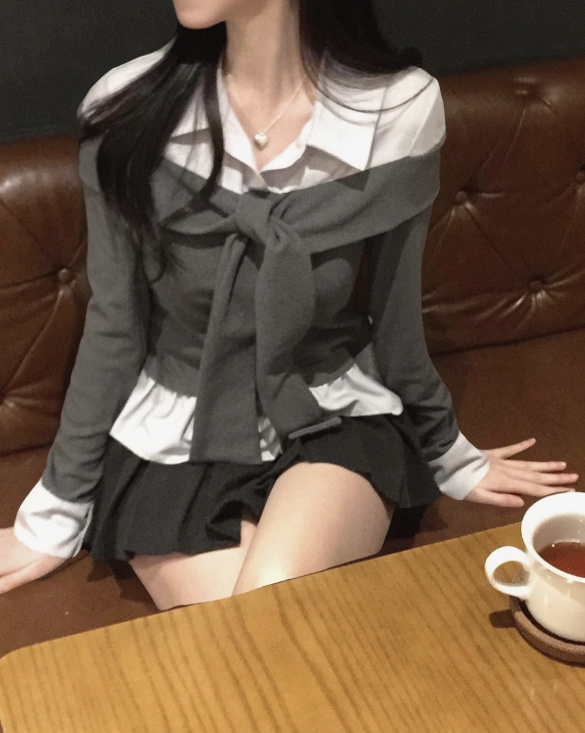 (3color) タイ リボン フリル レイヤード ドッキング シャツ Tシャツ トップス