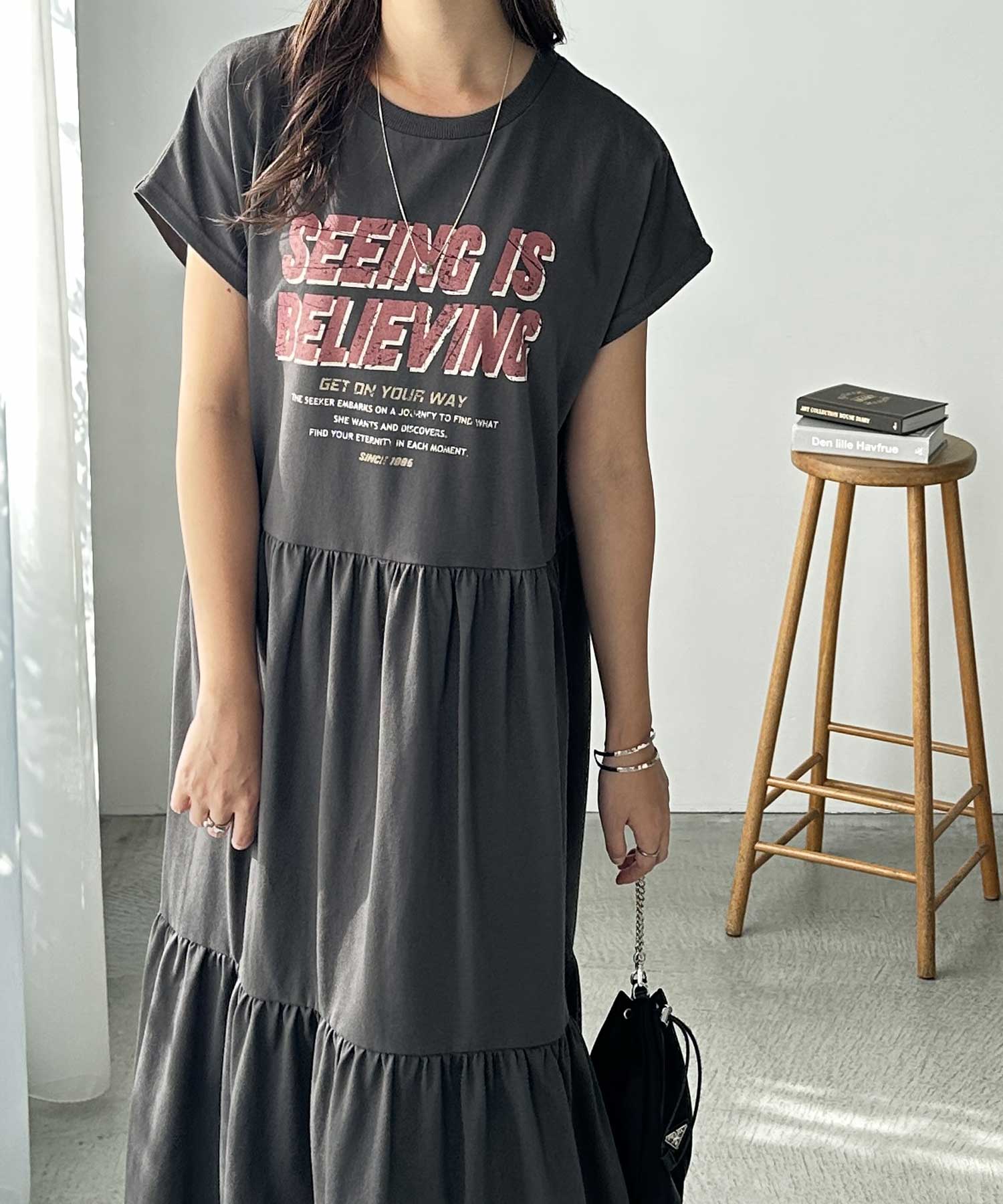 FIRSTMOODコラボ》ピグメント風ティアードプリントTシャツワンピース