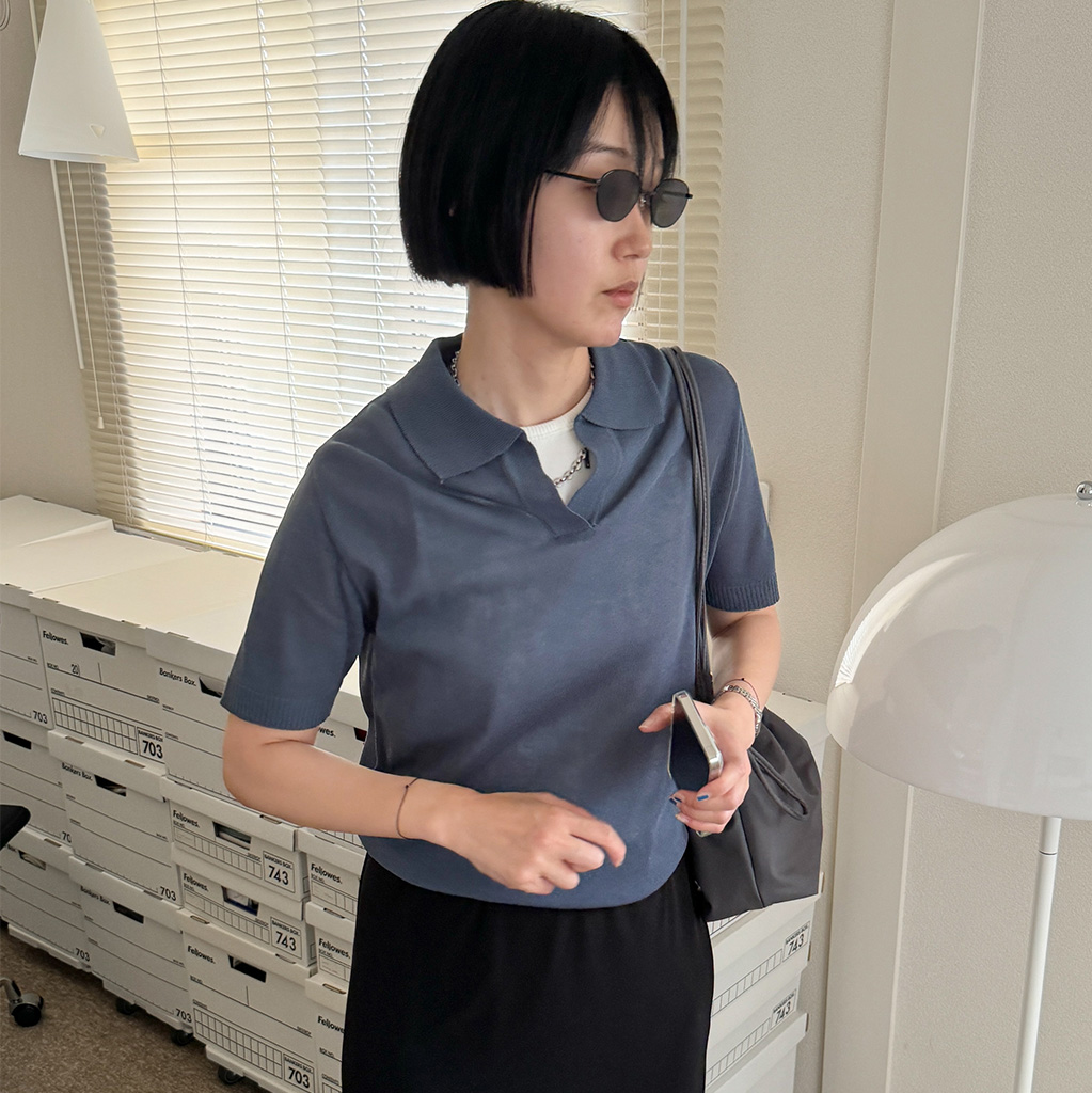 オープンカラーショートスリーブニット | ファッション通販