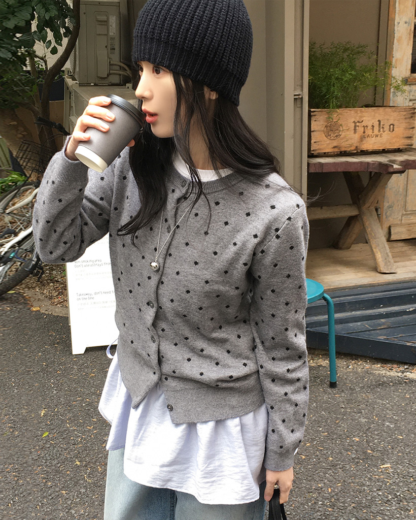 ドット柄 ニットカーディガン