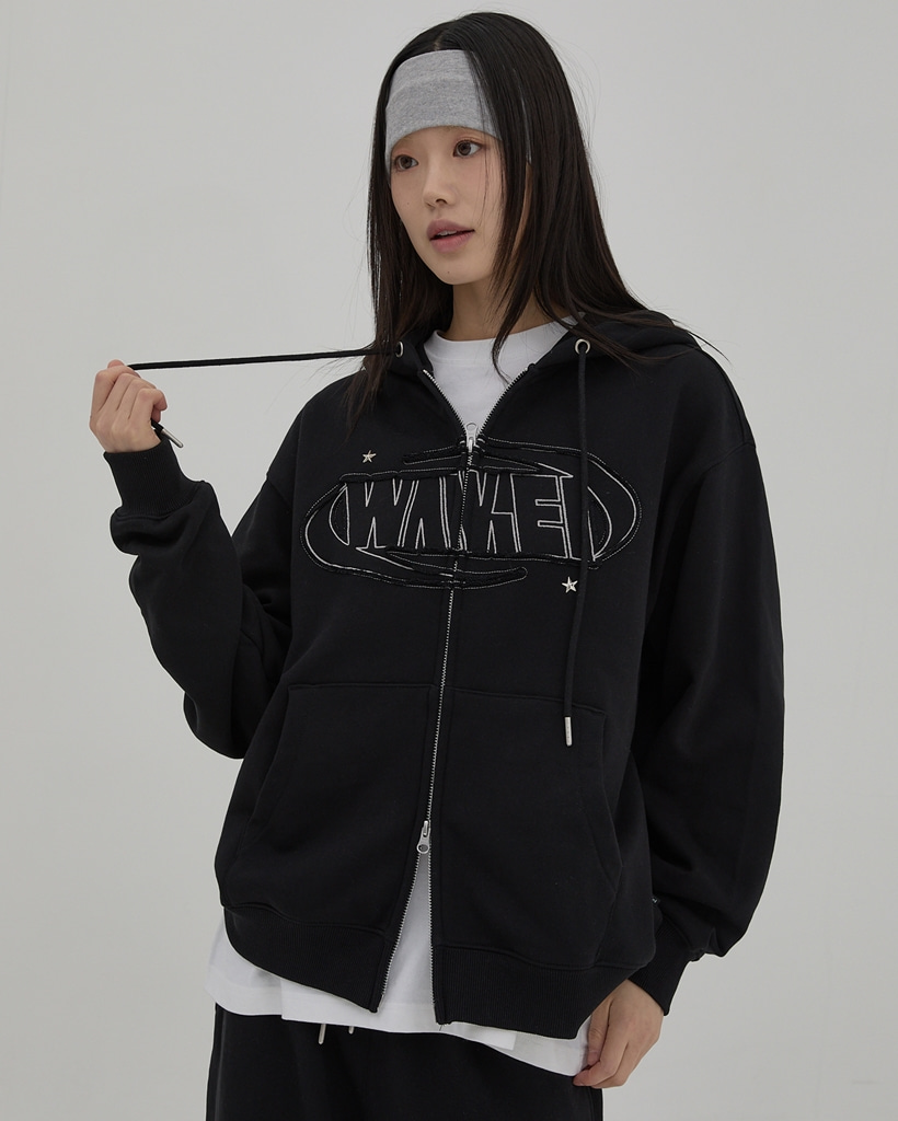 [K-POPアイドル着用] Logo Applique Hood Zip-up BLACK