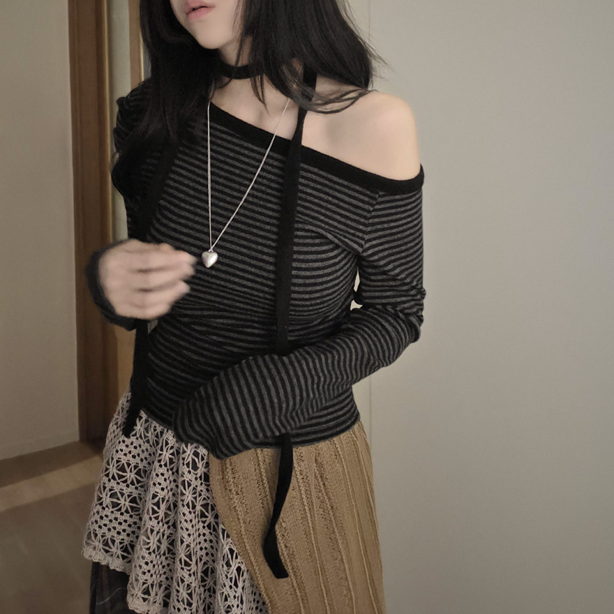(set) 裏起毛 ボーダー オフショルダー Tシャツ