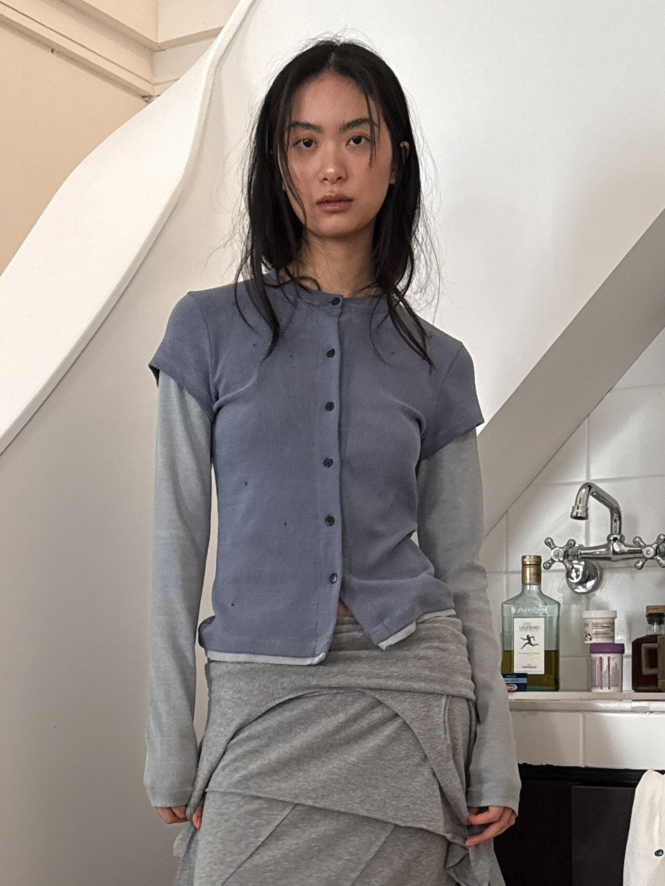 DOUBLE SLEEVE DAMAGE CARDIGAN (blue)