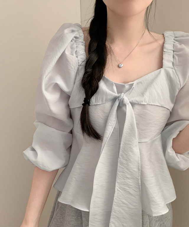 (4color)リボンタイスクエアネックブラウス