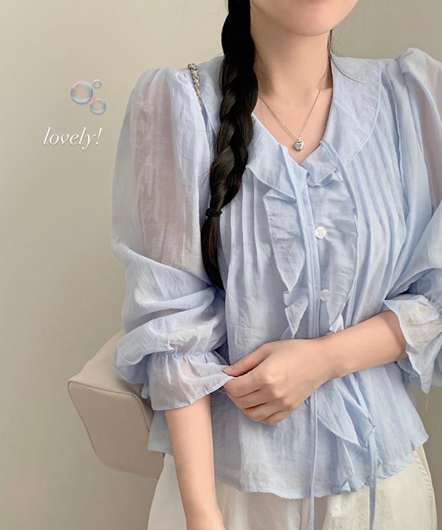 (5color)フリルラッフルロングスリーブブラウス