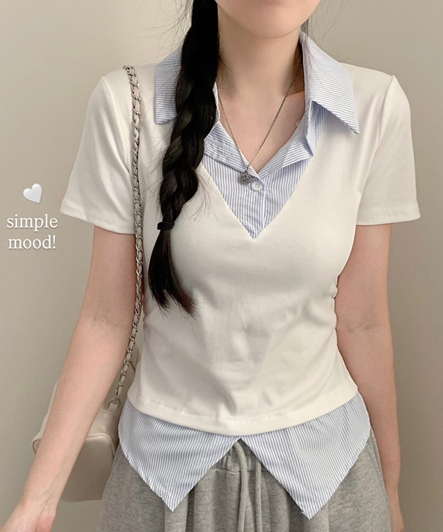 (4color)(ドッキング)ストライプシャツレイヤード半袖Tシャツ