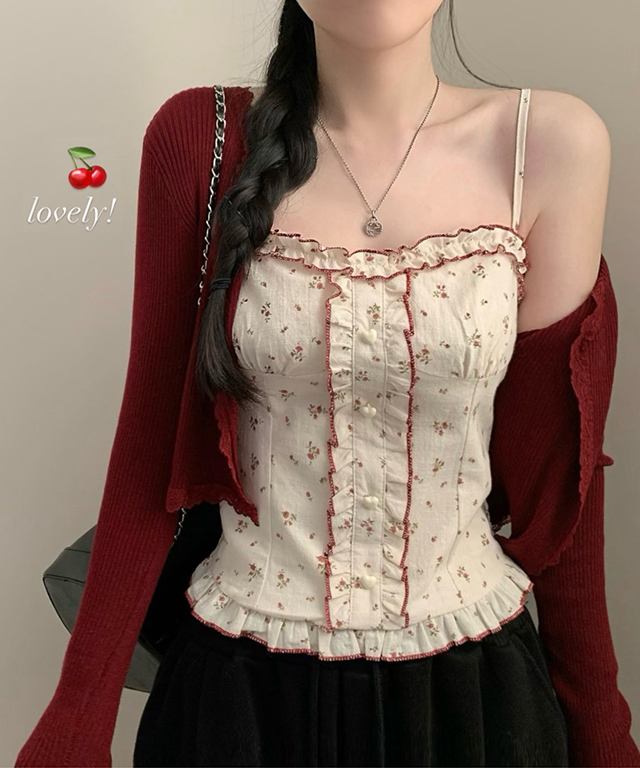 (set)(4color)フラワー バイカラーキャミソールカーディガン