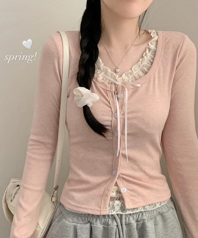 (4color)レースレイヤード長袖Tシャツ