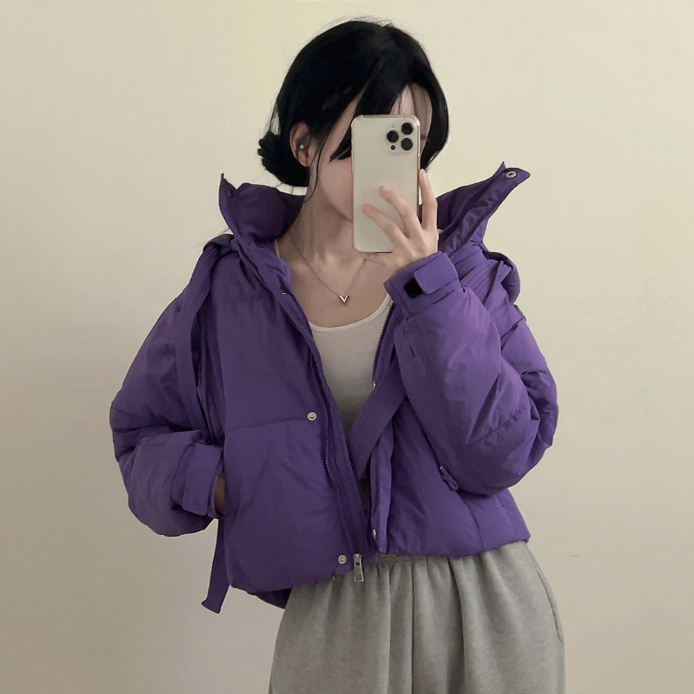 暖かいハイネックフード付きショートダウンジャケット | ファッション