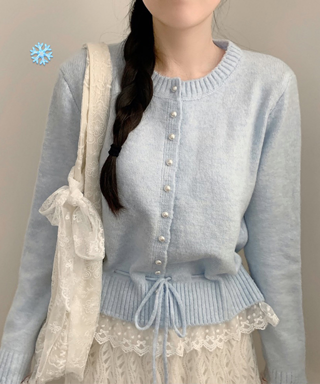 (2color) パールボタンレースウエストマークカーディガン