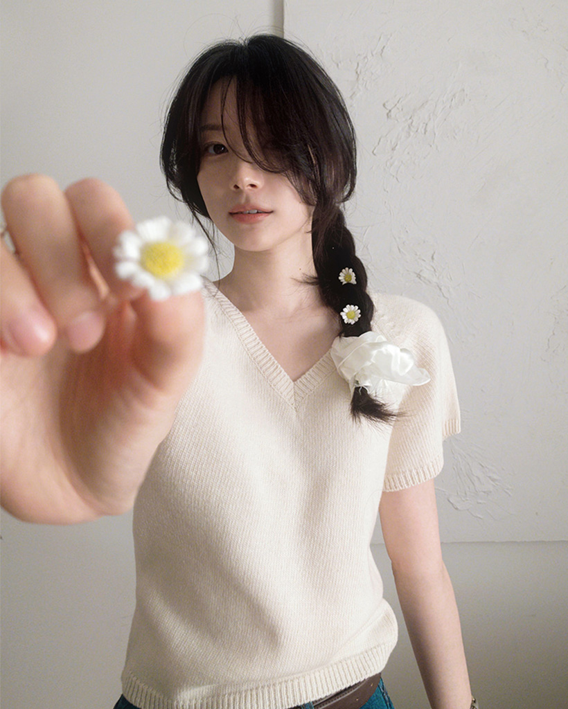 【美品】plantation ロングニット半袖 M FOLLOWIN ニット セーター Vネックシースルーニットスリム
