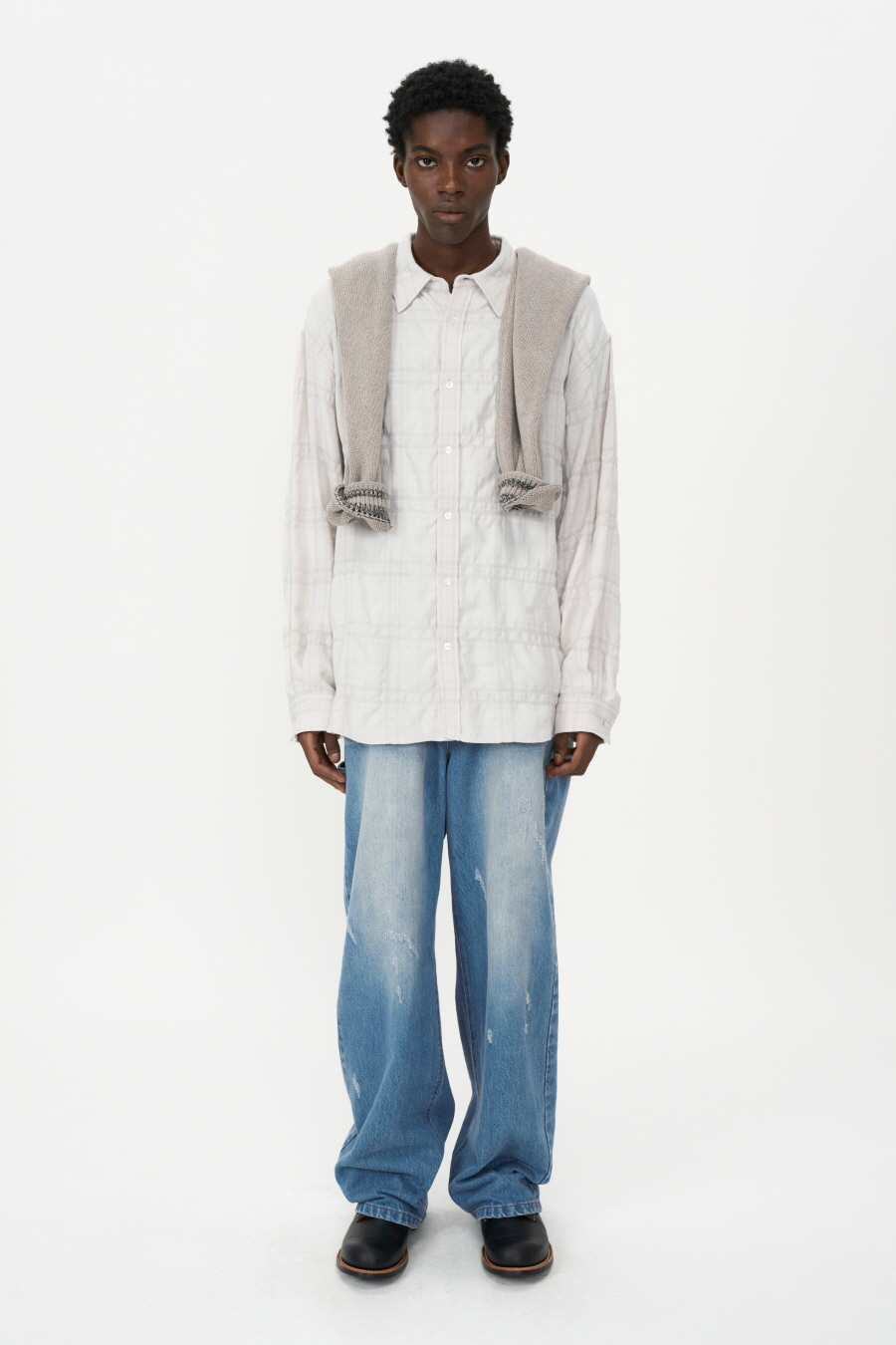 Wool Cotton Wrinkle Check Shirt CREAM