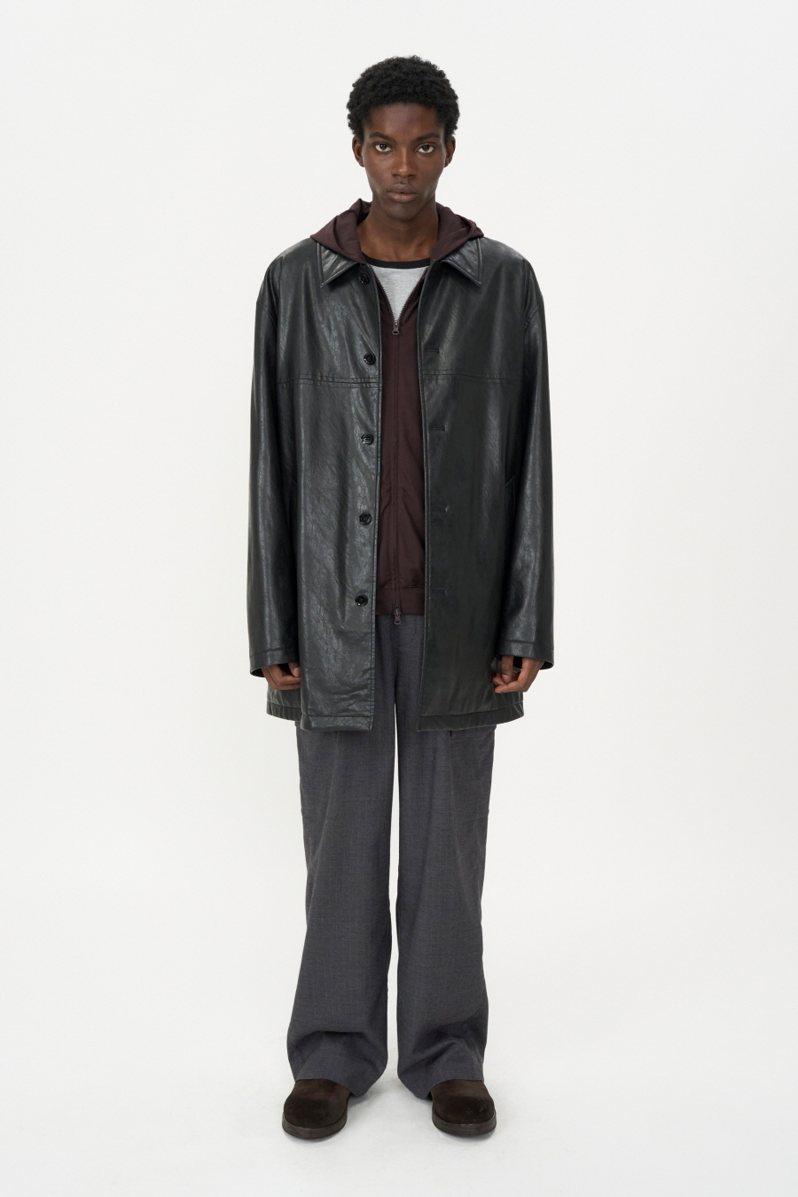 Faux Leather Car Coat BLACK