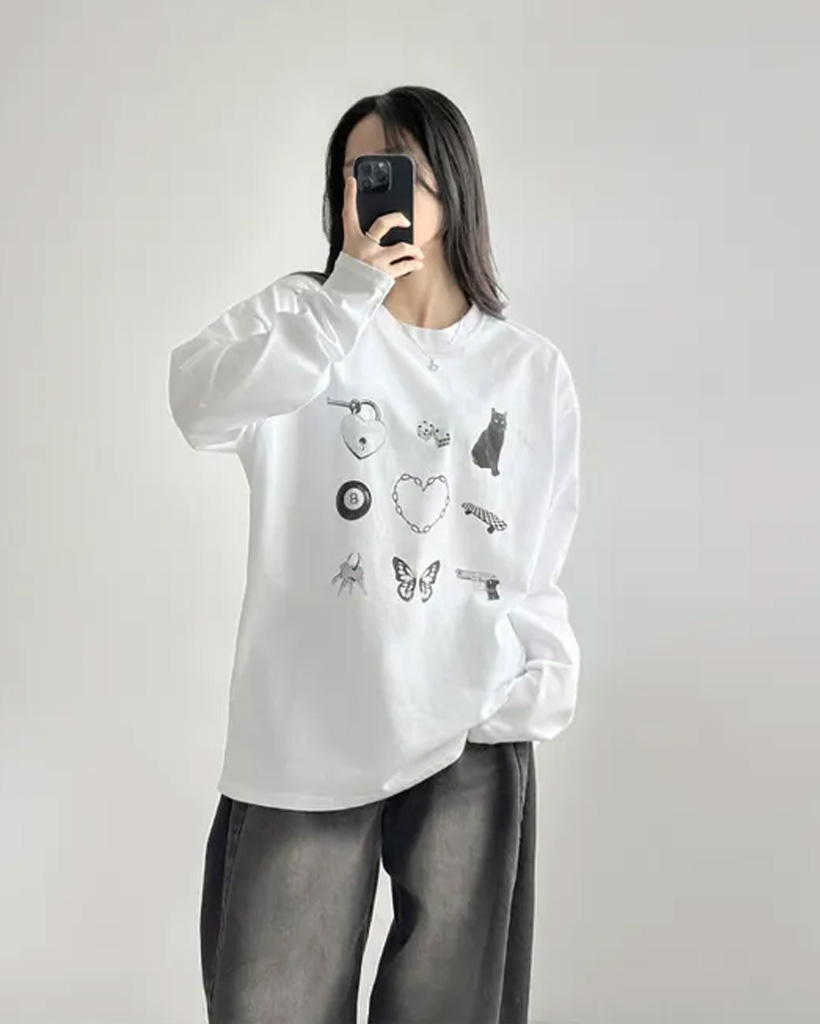 オーバーサイズストリートプリント長袖Tシャツ | ファッション