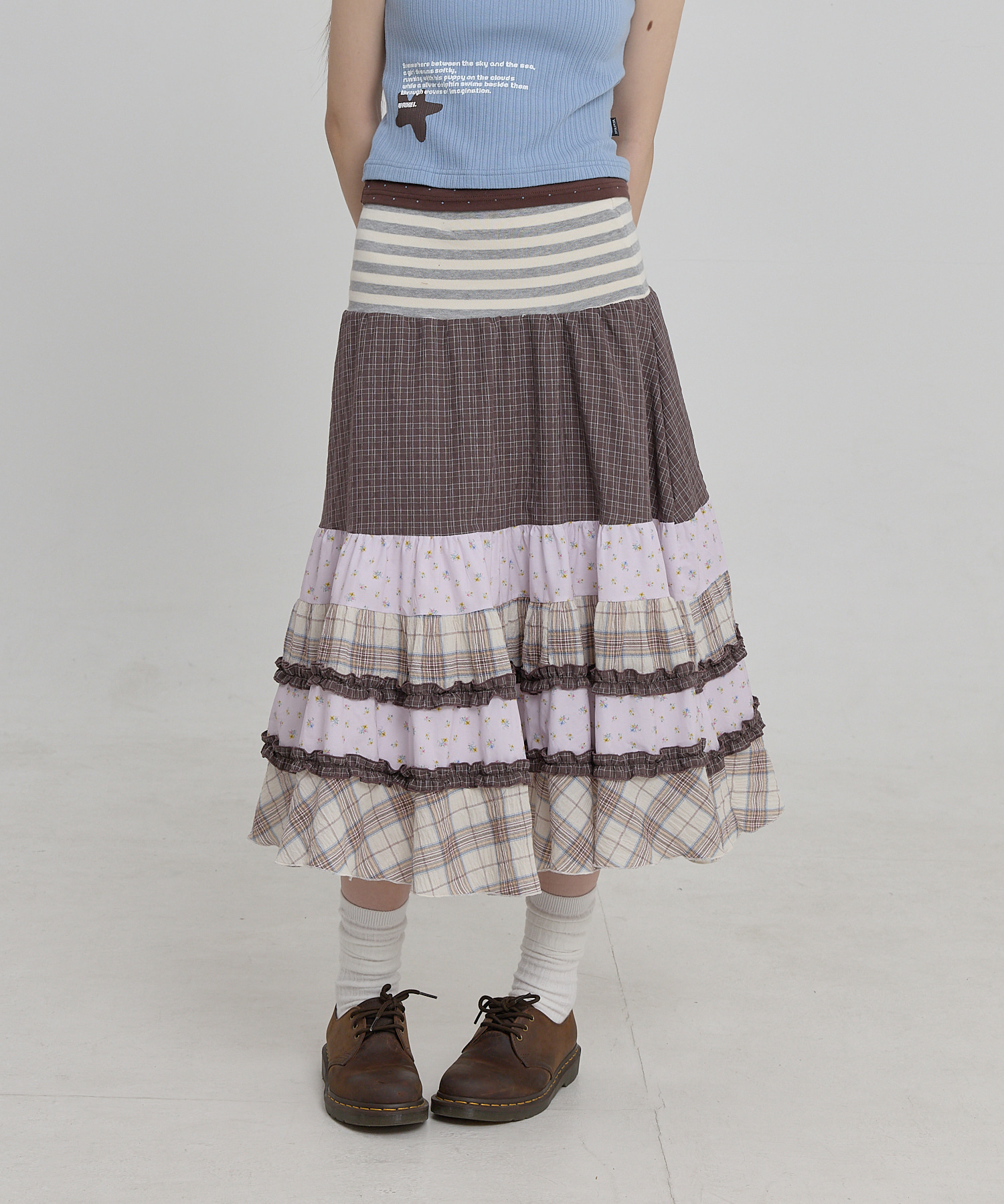 Mix Pattern Midi Skirt BROWN