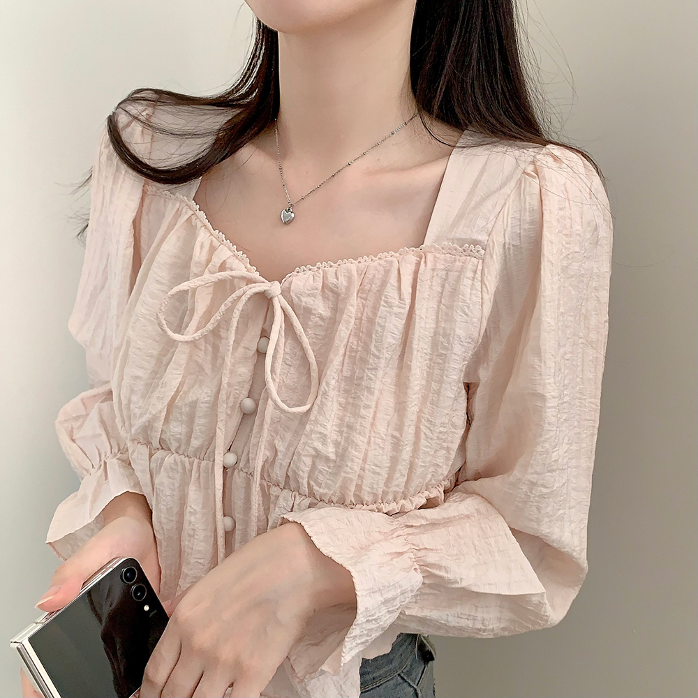 クロップドレース長袖ブラウス(3color)