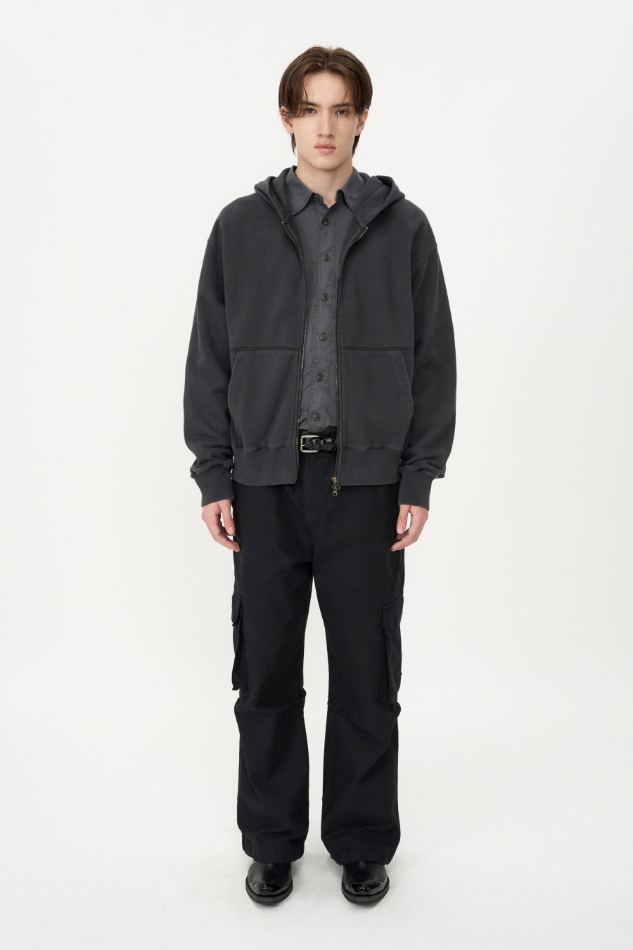 Garment Dyed Essential Zip-Up Hoodie CHARCOAL