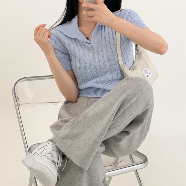 [5color] オープンネックメロケーブル半袖ニット