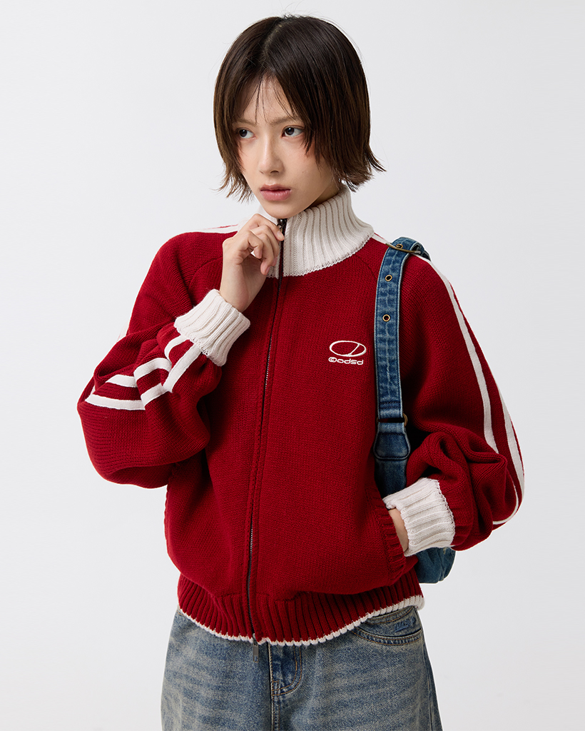 [K-POPアイドル着用] Sporty Track Semi Crop Knit Zip-Up - RED