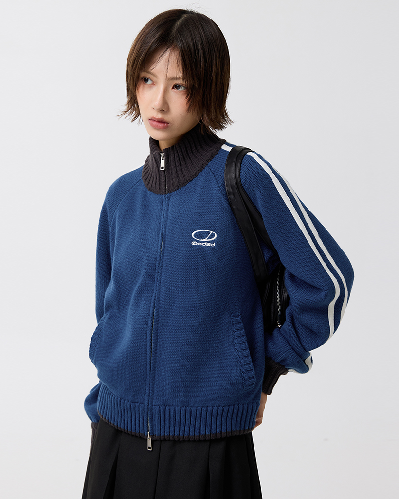 [K-POPアイドル着用] Sporty Track Semi Crop Knit Zip-Up - BLUE