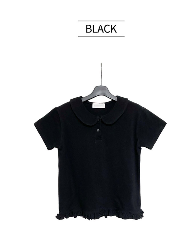 Hillda ドット柄フリル付き黒半袖Tシャツ 4INT. tシャツ ラブリー ドット フリル 切り替え 半袖 Tシャツ
