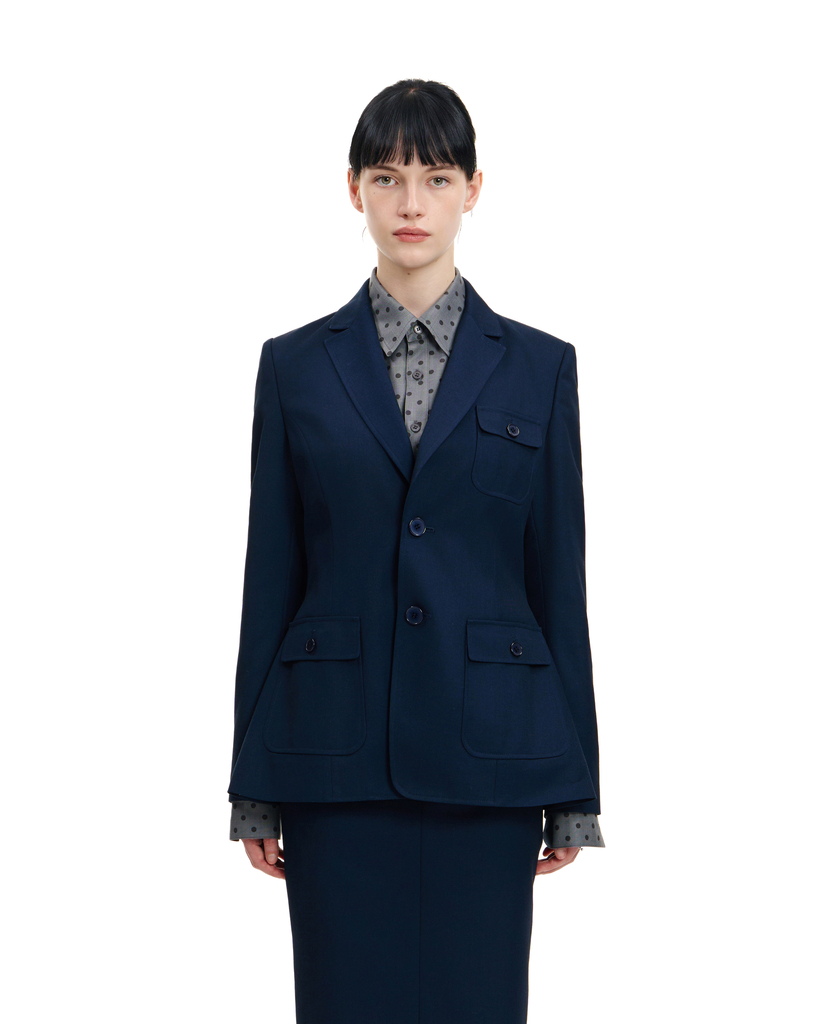 NAVY WOOL BLEND FLARED TWO-BUTTON TAILORED JACKET