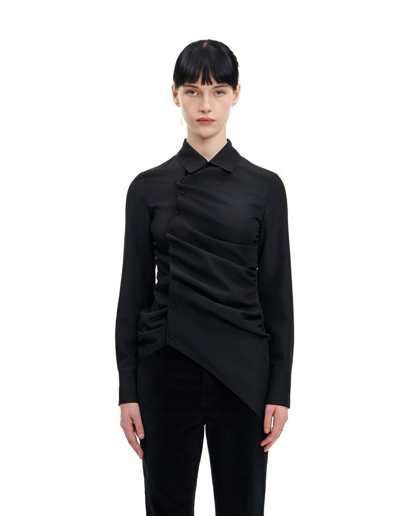 BLACK ASYMMETRIC RUCHED SHIRT