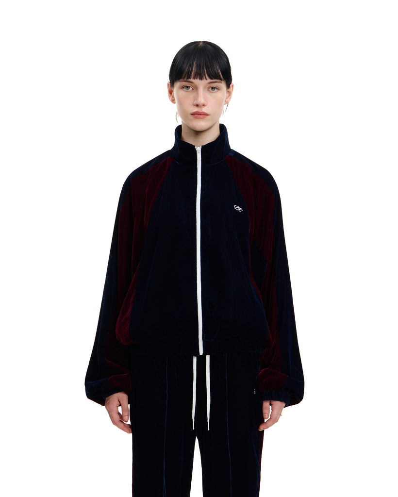 NAVY VELVET PANEL ZIP TRACK JACKET