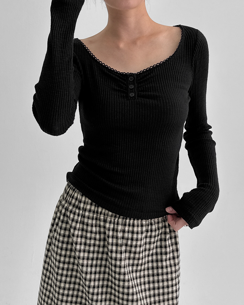 original]ヘンリーネックレース長袖Tシャツ | ファッション通販