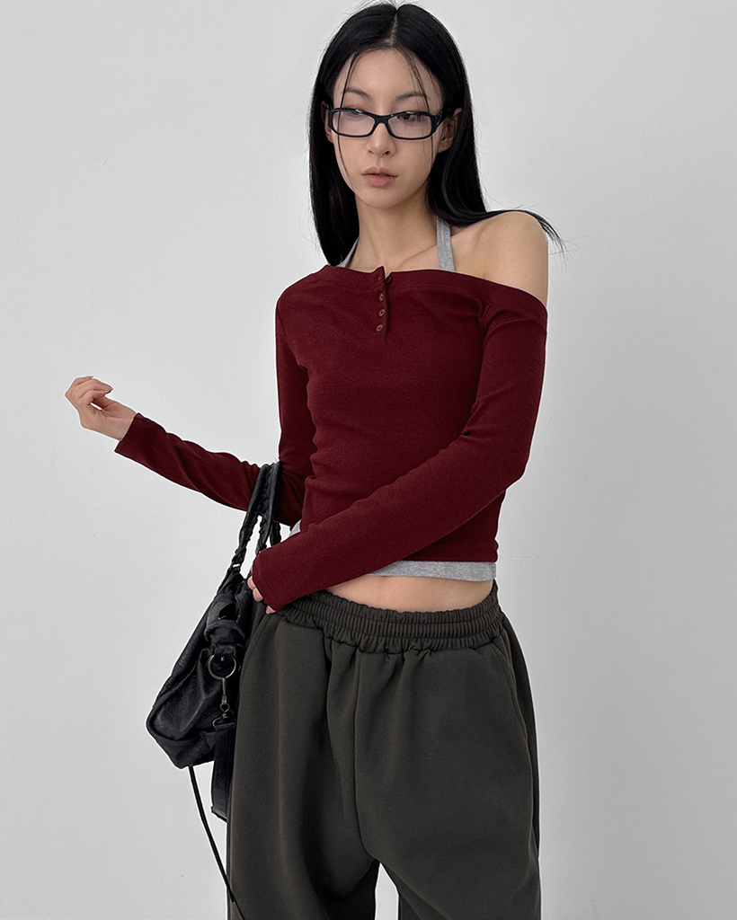 original]ボタンアシンメトリーオフショル長袖Tシャツ