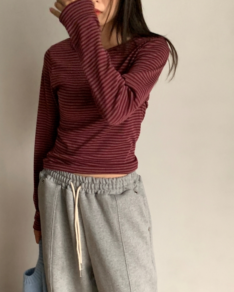 (4color)ボーダーベーシックロングTシャツ