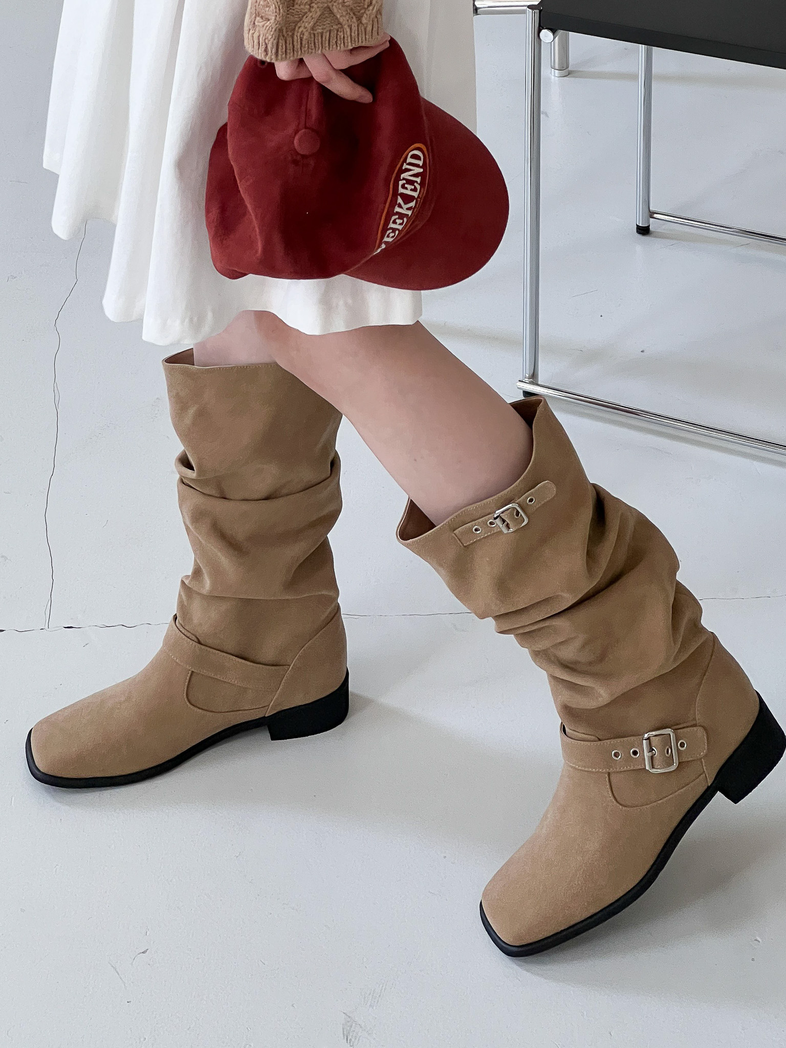 [3CM]シャーリングスエードバックルミドルブーツ