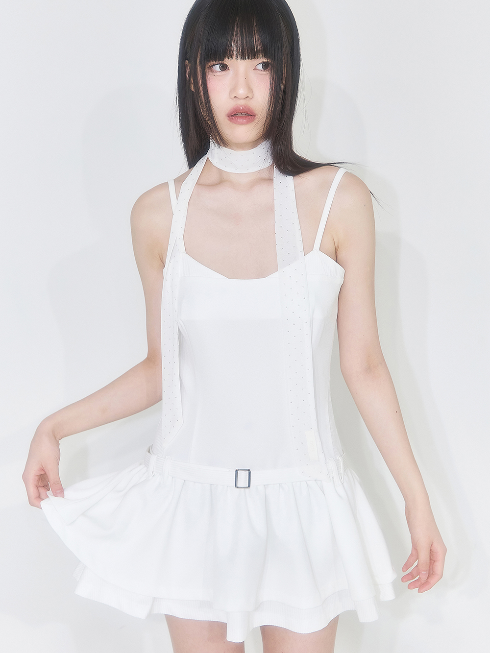 ★ILLIGO★ STRIPED COLOR BLOCK RUFFLE ONE-PIECE DRESS Striped Color Block Ruffle One Piece White | ファッション