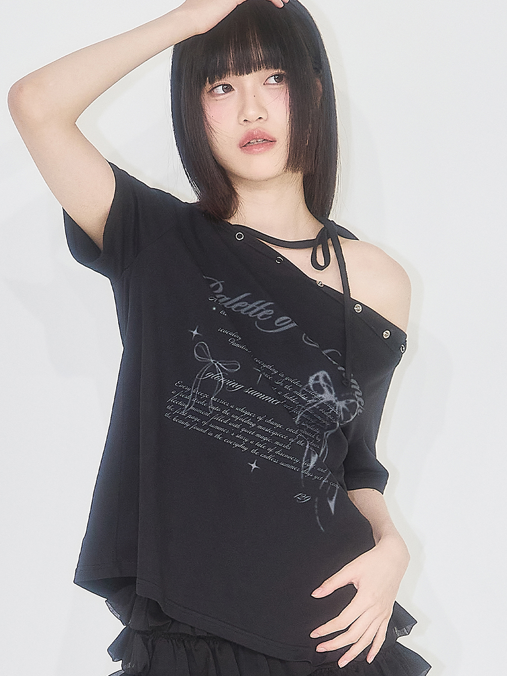 Tシャツ・カットソー [ILLIGO] Snap One shoulder OverFit T-shirt Snap One Shoulder Overfit T-Shirt Black | ファッション通販
