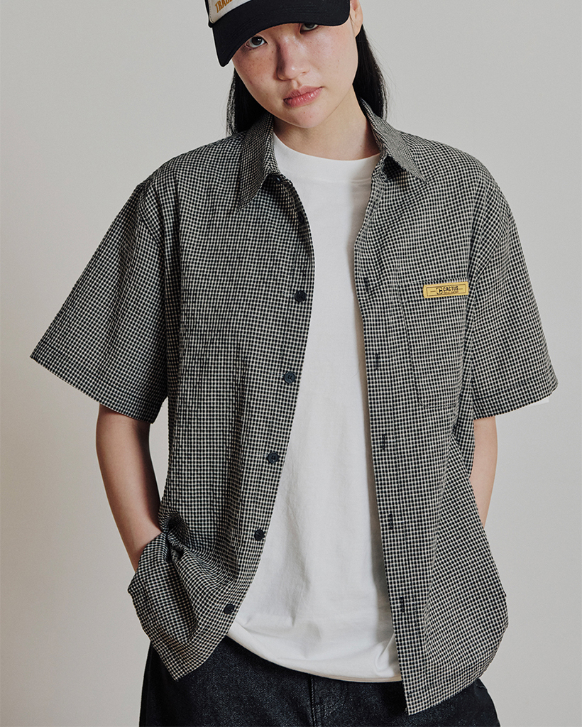 Mini Label Check Half Shirt - Black