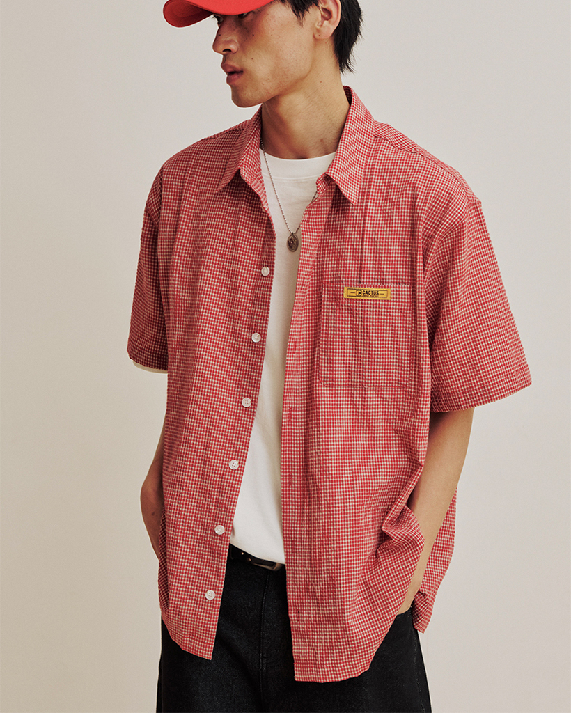 Mini Label Check Half Shirt - Red