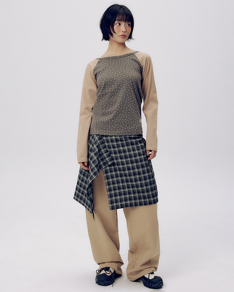 Check Wrap Skirt Layered Basic Cotton Wide Pants Set [Beige]