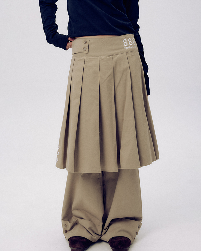 888 Pleated Midi Skirt Layered Snap Roll-Up Wide Two-Piece Set [Beige]