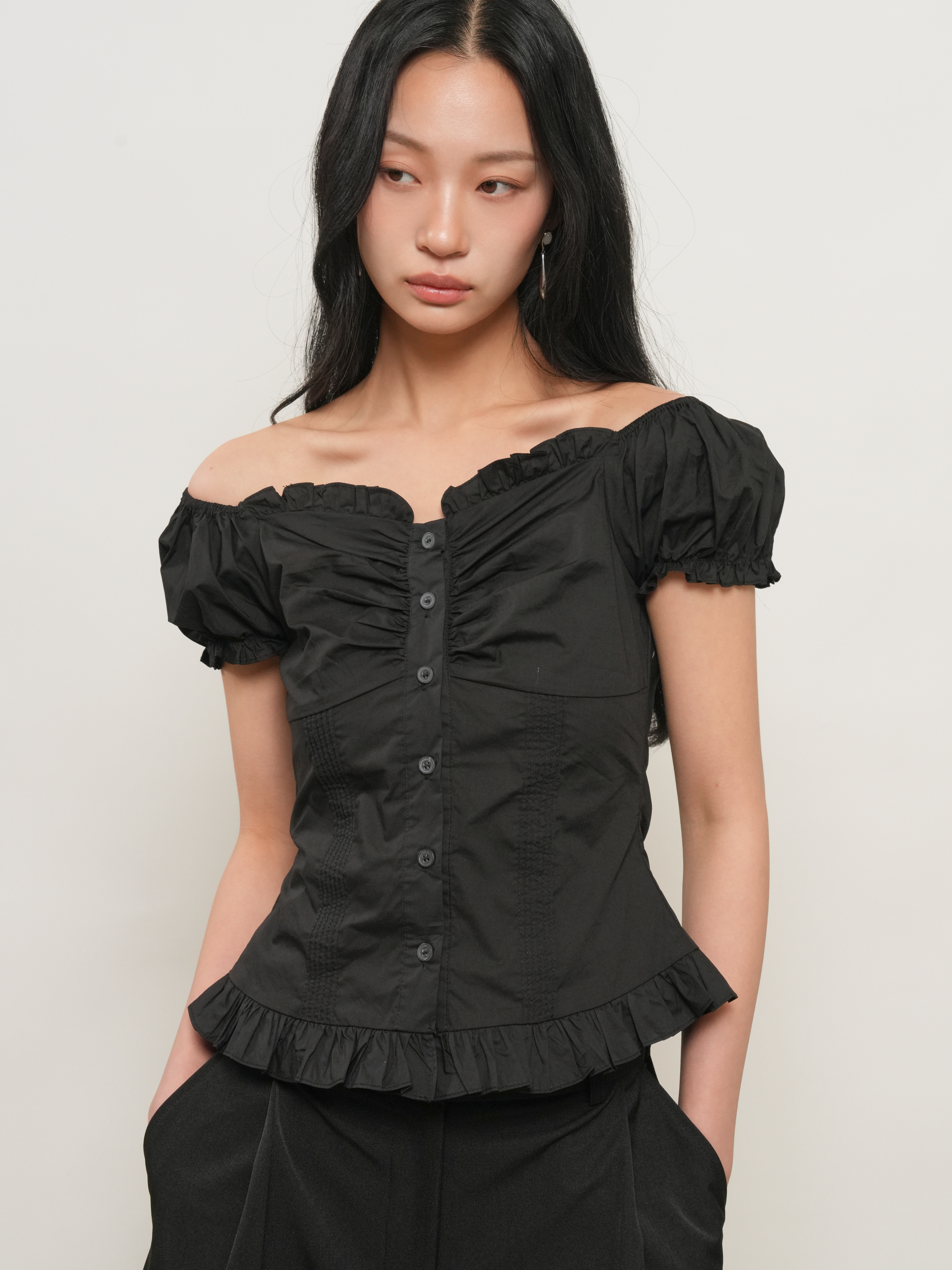 cap sleeve heart neck shirring blouse