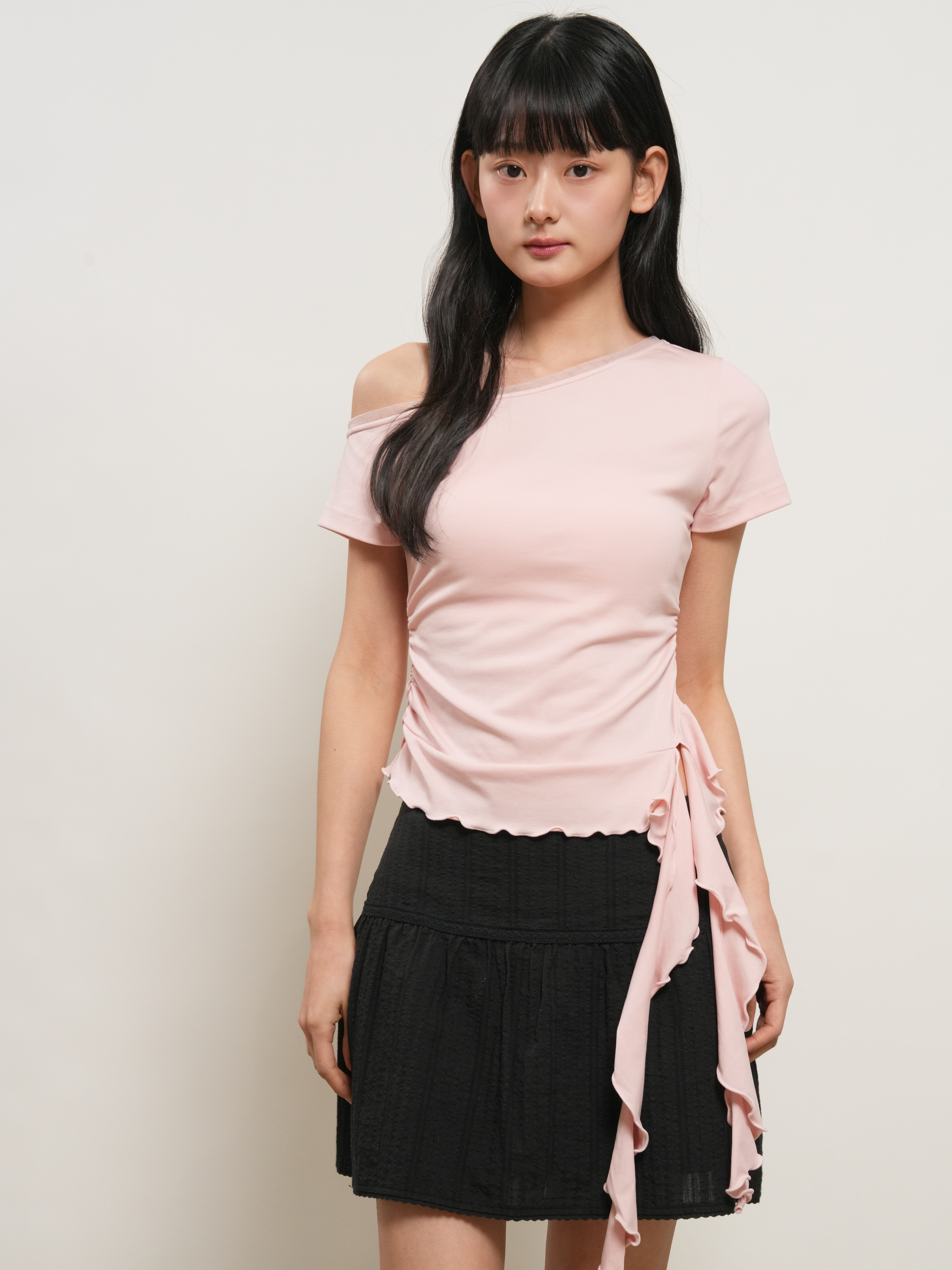 mesh trimming one shoulder T-shirt
