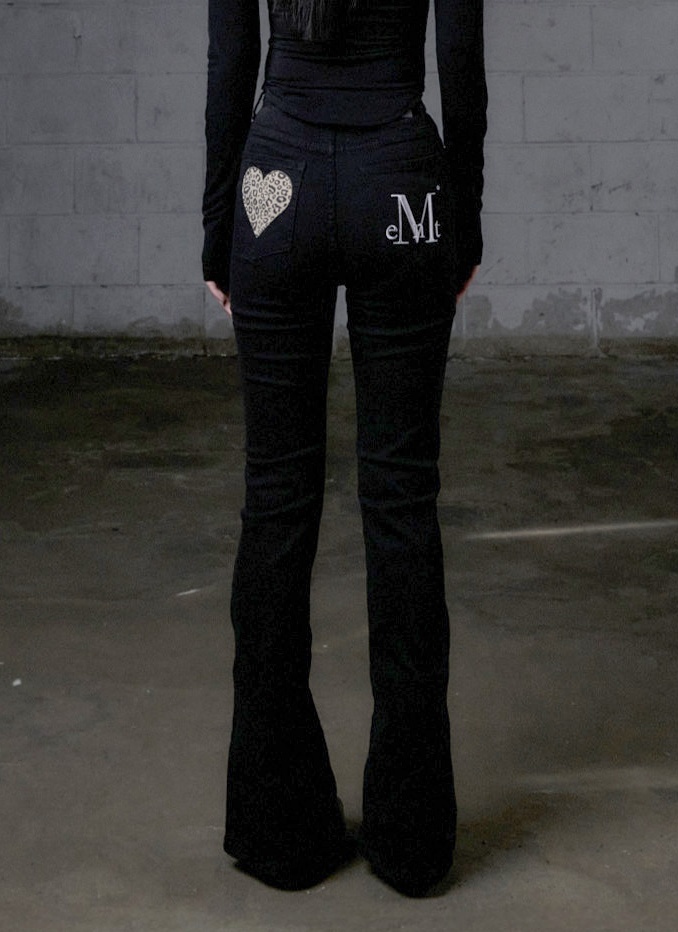 CORON BACK LEATHER LEOPARD HEART PATCH BOOTS CUT COTTON PANTS